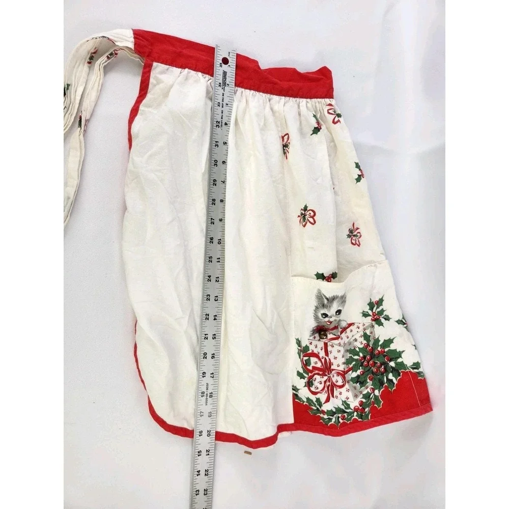 Vintage Kittens Holiday Christmas Apron Cats Jingle Bells Pockets Half Waist Tie